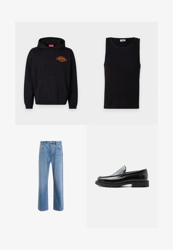 Schwarzer Hoodie aus Baumwolle mit einer vorderen Kängurutasche. Verfügt über ein orangefarbenes, gesticktes "DIESEL"-Logo auf der Brust und gerippte Bündchen.; Schwarzes ärmelloses Tanktop aus weicher Baumwolle. Verfügt über einen runden Ausschnitt und einen geraden Schnitt mit minimalen Nähdetails.; Helle blaue Jeans im Geradeschnitt-Design, mit fünf Taschen, Knopfverschluss, minimaler Ausbleichung und kontrastierenden Nähdetails.; Schwarzer Lederloafer mit grober Gummisohle, genähter Oberseite und geprägtem Markennamen an der Ferse, seitlich auf weißem Hintergrund gezeigt.