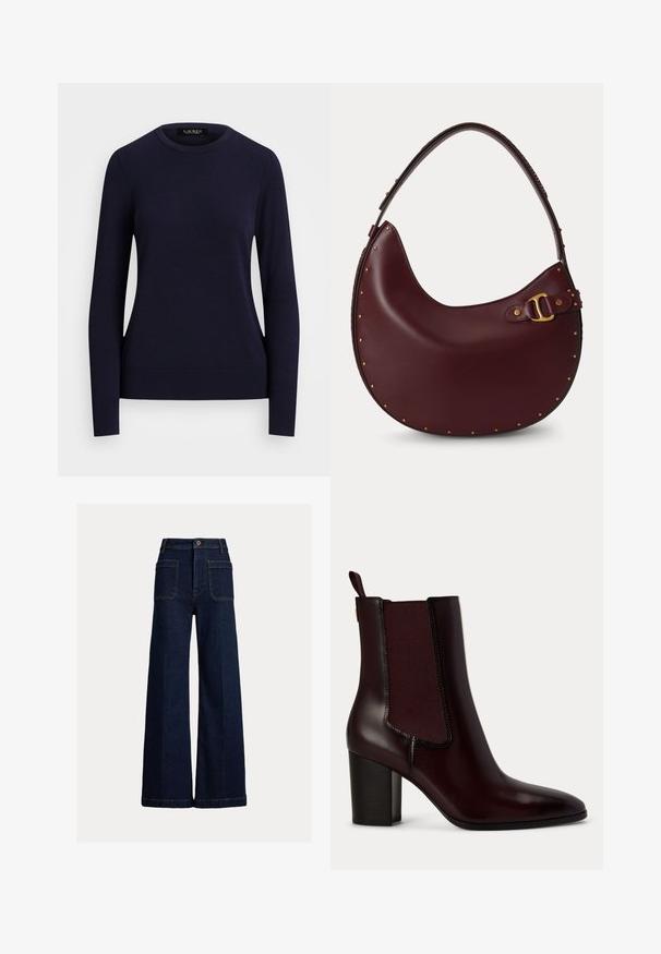 Pull en maille bleu marine avec col rond, manches longues, poignets et ourlet côtelés, présentant une texture lisse et un design ajusté.; Pantalon en denim bleu foncé à jambes larges avec poches plaquées avant, passants de ceinture et fermeture par boutons sur un fond uni clair.; Bottine en cuir marron foncé avec talon bloc et panneau latéral élastique sur fond clair uni.; Sac à main en cuir bordeaux foncé en forme de croissant avec une bandoulière unique, des clous dorés le long des bords et un détail de boucle dorée sur un côté.