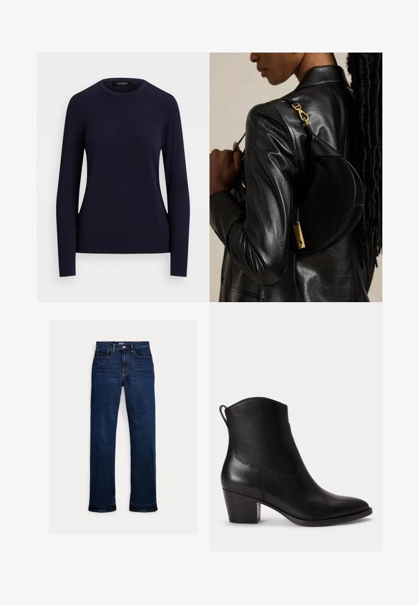 Marineblå strikket sweater med rund hals, lange ærmer, ribbede manchetter og kant, der har en glat tekstur og tætsiddende design.; Mørkeblå straight-leg jeans med frontknap og lynlås, fem-lomme design og synlige syninger.; Sort læder ankelstøvle med lav blokhæle, rundet tå og trækstrop bagpå mod en ens hvid baggrund.; Person iført sort læderjakke bærer sort halvmåneformet håndtaske med guldlås over skulderen mod ensfarvet baggrund.