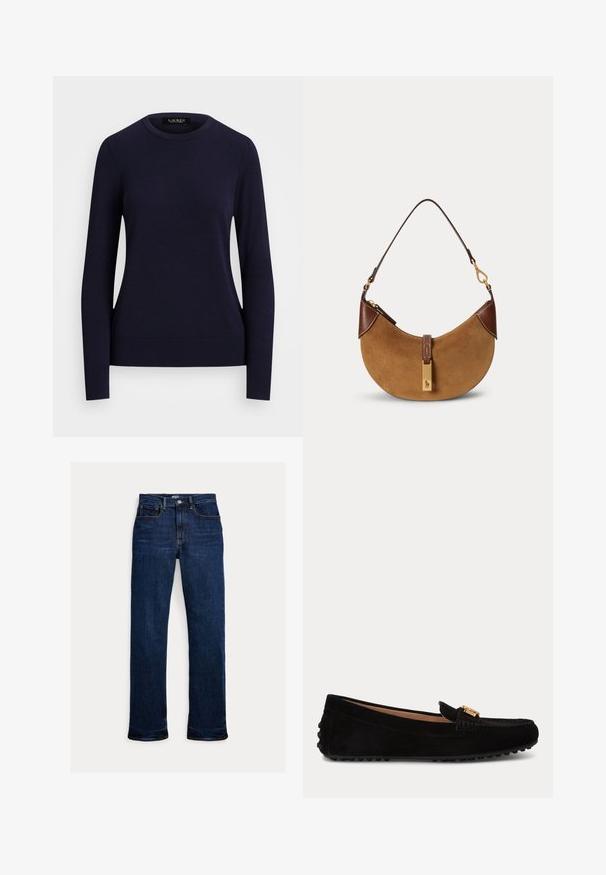Pull en maille bleu marine avec col rond, manches longues, poignets et ourlet côtelés, présentant une texture lisse et un design ajusté.; Jean droit en denim bleu foncé avec bouton et fermeture éclair à l'avant, design à cinq poches et coutures visibles.; Mocassin en daim noir avec une boucle métallique dorée à l'avant et des picots en caoutchouc sur la semelle et le talon.; Sac à main demi-lune en daim marron avec des accents en cuir marron foncé, des ferrures dorées et une courte bandoulière.