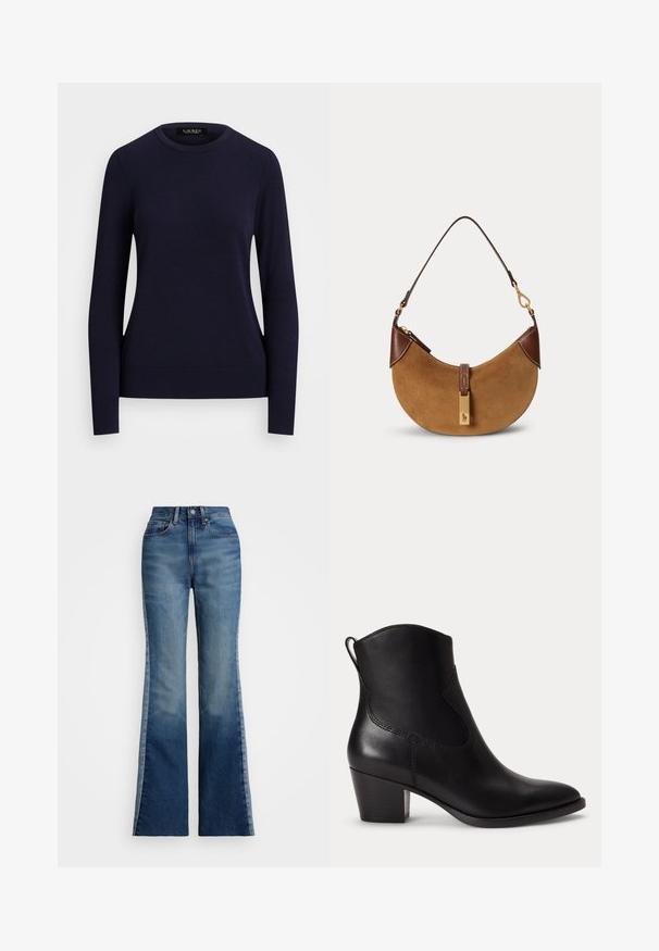 Marineblå strikket sweater med rund hals, lange ærmer, ribbede manchetter og kant, der har en glat tekstur og tætsiddende design.; Polo Ralph Lauren FLARE JEAN - Flared jeans - boyne wash; Sort læder ankelstøvle med lav blokhæle, rundet tå og trækstrop bagpå mod en ens hvid baggrund.; Brun ruskind halv-måne taske med mørkebrune læderdetaljer, guldfarvet hardware og kort skulderrem.