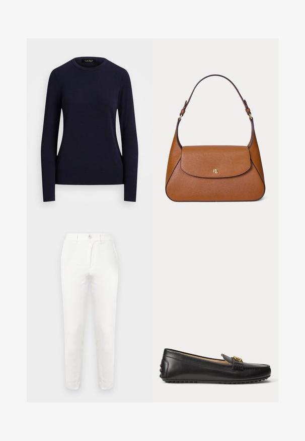 Suéter de punto azul marino con cuello redondo, mangas largas, puños y dobladillo acanalados, que presenta una textura suave y un diseño ceñido.; Pantalones de algodón blanco con un corte slim, que presentan un cierre simple con botón, frente plano y piernas estrechadas. La tela parece lisa con una textura mínima.; Mocasín de cuero negro con detalle de hebilla dorada y suela de goma con tachuelas, mostrado de lado sobre fondo blanco.; Bolso bandolera de cuero marrón con cierre de solapa y logo dorado "RLL" centrado en la parte delantera.