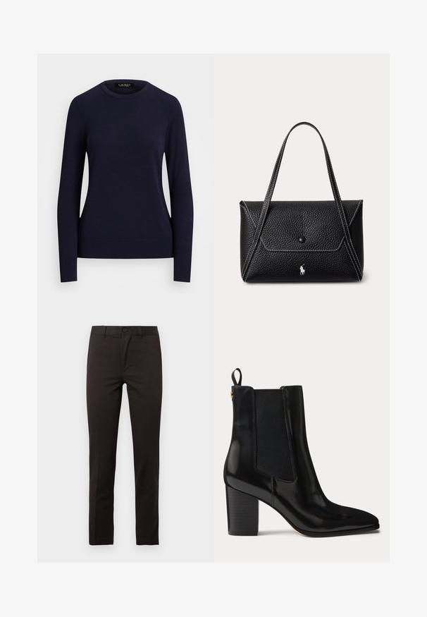 Pull en maille bleu marine avec col rond, manches longues, poignets et ourlet côtelés, présentant une texture lisse et un design ajusté.; Pantalon noir à jambe droite en mélange de coton lisse ; comprend un bouton à l'avant, une braguette zippée et deux poches latérales. Design épuré et minimaliste.; Bottine en cuir noir avec talon bloc, panneaux latéraux élastiques, languette au talon et bout pointu.; Sac à main en cuir texturé noir avec rabat à bouton unique, deux bretelles, coutures blanches et petit logo cheval blanc à l'avant.