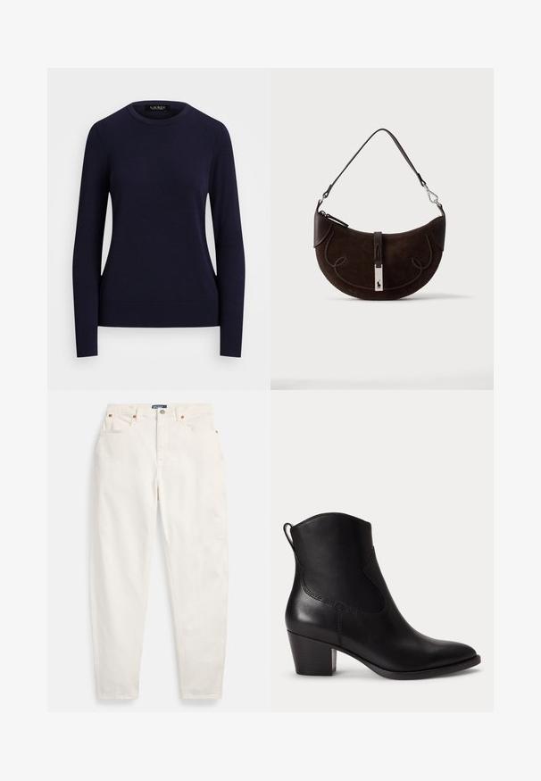 Marineblå strikket sweater med rund hals, lange ærmer, ribbede manchetter og kant, der har en glat tekstur og tætsiddende design.; Hvide høj-taljede jeans med lige ben, foran knap og lynlås, fem-lommer design og Polo mærkeetiket på linningen.; Sort læder ankelstøvle med lav blokhæle, rundet tå og trækstrop bagpå mod en ens hvid baggrund.; Mørkebrun måneformet ruskindstaske med flettet kant, læderrem og en sølvspænde med en lille hestelogo.