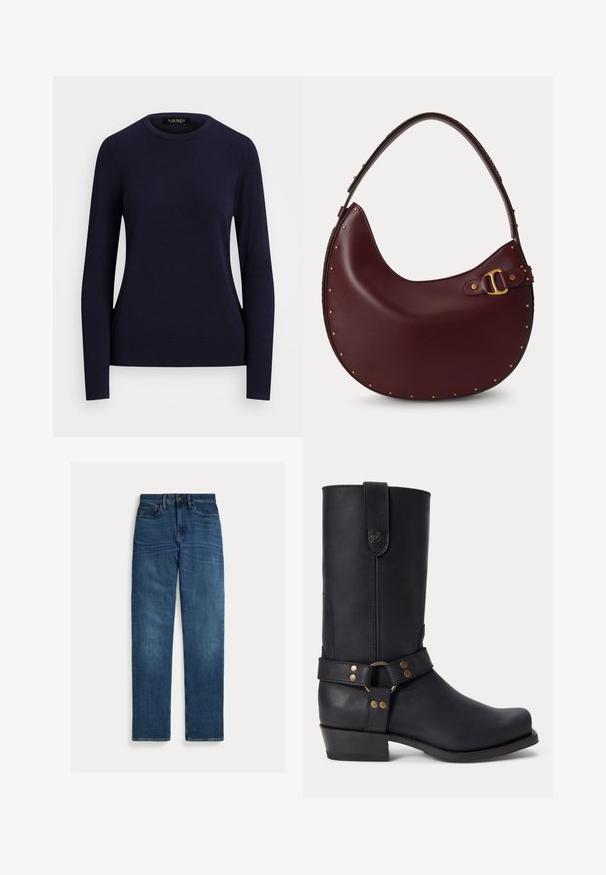 Pull en maille bleu marine avec col rond, manches longues, poignets et ourlet côtelés, présentant une texture lisse et un design ajusté.; Jean droit en denim bleu avec cinq poches, fermeture par bouton, et une légère décoloration aux cuisses et aux genoux, posé à plat sur un fond blanc.; Botte noire en cuir mi-mollet avec un petit talon, un bout rond et une sangle décorative avec des rivets métalliques et un anneau autour de la cheville.; Sac à main en cuir bordeaux foncé en forme de croissant avec une bandoulière unique, des clous dorés le long des bords et un détail de boucle dorée sur un côté.