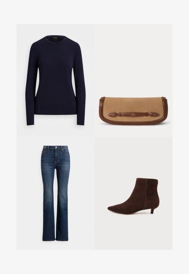 Marineblå strikket sweater med rund hals, lange ærmer, ribbede manchetter og kant, der har en glat tekstur og tætsiddende design.; Mørkeblå højhælede bootcut-jeans med høj talje, forreste knap og lommer, let falmede områder på lår og knæ, vist på hvid baggrund.; Mørkebrune ruskindsstøvler med spids tå og lav kitten-hæl, vist fra indersiden mod en hvid baggrund.; Beige stof clutch med brun lædertrim og håndtag prydet med Polo by Ralph Lauren branding.