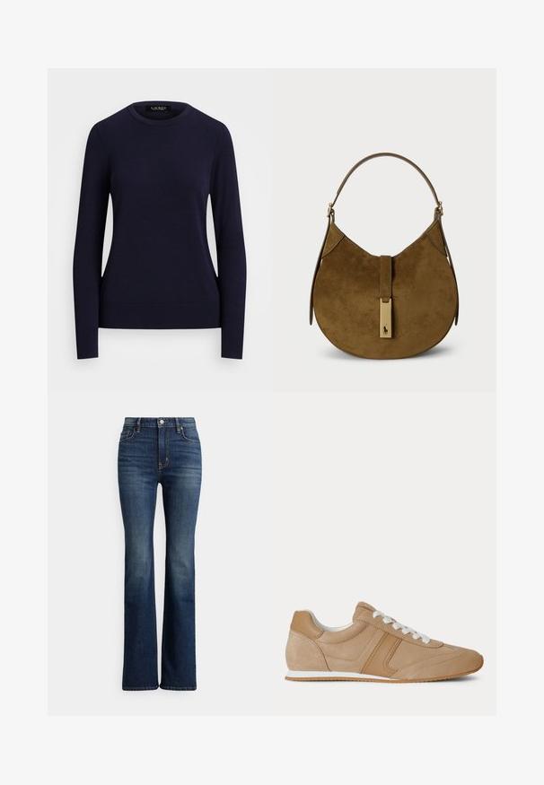 Navyblauwe gebreide trui met ronde hals, lange mouwen, geribbelde manchetten en zoom, met een gladde textuur en een aansluitend ontwerp.; Donkerblauwe high-waist bootcut jeans met knoopsluiting aan de voorkant en zakken, lichte vervaging op de dijen en knieën, weergegeven tegen een witte achtergrond.; Lichtbruine suède en leren lage sneaker met witte veters en een witte rubberen zool, zijaanzicht op een witte achtergrond.; Donkerbruin suède handtas met een gebogen silhouet. Voorzien van een bovenhandvat en een metalen logo-accent op de sluiting aan de voorkant.
