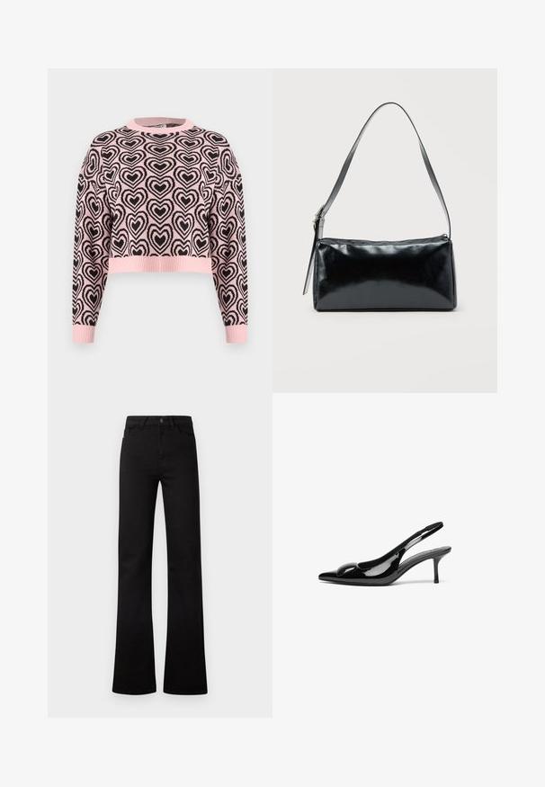 Ružový skrátený sveter s čiernym vzorom srdca, rebrovaným okrúhlym výstrihom a manžetami. Materiál sa zdá byť mäkký s textúrovaným povrchom.; Čierne rifle s vysokým pásom, rovnými nohavicami, prednými vreckami, pútkami na opasok, zapínaním na gombík a mierne zvonovými lemy na bielom pozadí.; Čierne patentkové lodičky s otvorenou pätou, špicatou špičkou a lesklým povrchom. Majú štíhly opätok a zaoblený detail na nártovej časti.; Čierna obdĺžniková kabelka na rameno s jedným nastaviteľným remienkom a horným zipsom na jednofarebnom pozadí.