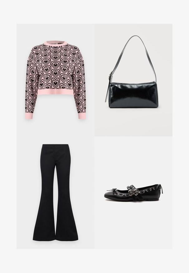 Lyserød cropped sweater med sort hjerteprint, ribbet rund halsudskæring og manchetter. Materialet ser blødt ud med en tekstureret overflade.; Sorte flare bukser lavet af et glat stof, med en tætsiddende top og brede ben, uden synlige udsmykninger eller lommer.; Sort flad balletsko med dobbelt spænde, sølvøjer og en lille sløjfe nær den runde tå på en hvid baggrund.; Sort rektangulær skuldertaske med en enkelt justerbar rem og lynlås i toppen på en ensfarvet baggrund.