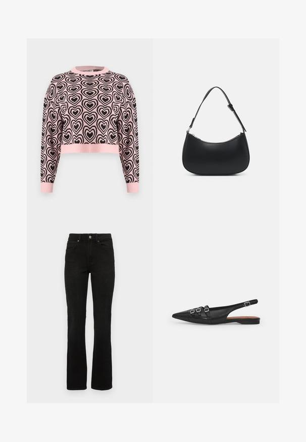 Lyserød cropped sweater med sort hjerteprint, ribbet rund halsudskæring og manchetter. Materialet ser blødt ud med en tekstureret overflade.; Sorte denimjeans med en flagrende benedesign, mellemhøj talje, fem lommer og knaplukning. Materialet har en glat, robust tekstur.; Sort læderslyngeflad sko med spids tå, der har to vandrette stropper og firkantede sølvspænder, lav hæl og glat tekstur.; Pieces PCALUANA SHOULDER BAG - Håndtasker - black