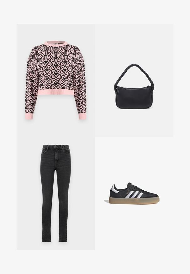 Suéter corto rosa con un patrón de corazones negros, cuello redondo acanalado y puños. El material parece suave con un acabado texturizado.; Jeans negros ajustados con una cintura alta, diseño de cinco bolsillos, textura de denim suave y un acabado desgastado. Presenta una cremallera y cierre de botón.; Zapatilla deportiva de cuero negro con tres rayas plateadas, punta texturizada y suela de goma. Cuenta con un collar acolchado y un diseño con cordones.; Bolso negro de forma redondeada, hecho de material liso. Presenta un asa trenzada y un cierre de cremallera para un almacenamiento seguro.