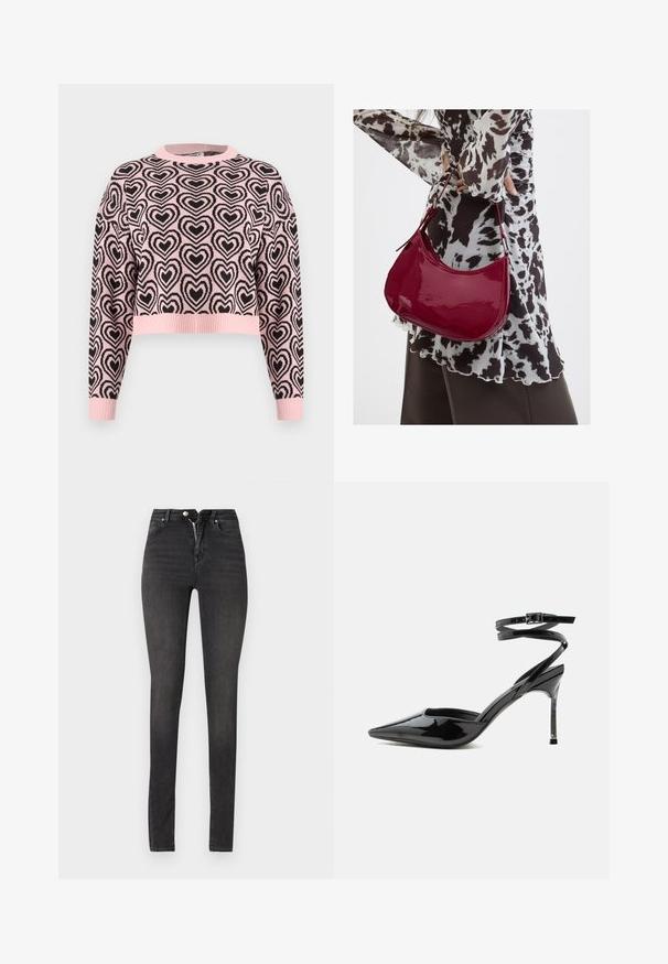 Lyserød cropped sweater med sort hjerteprint, ribbet rund halsudskæring og manchetter. Materialet ser blødt ud med en tekstureret overflade.; Sorte højtaljede skinny jeans lavet af denim, med lynlås, fem-lomme design og glat tekstur med let falmning.; Sort laklæder spids tå stilet hæl med tynde ankremme og lille spænde.; Kvinde iført en sort- og hvidmønstret bluse, der holder en blank rød skuldertaske mod en ensfarvet baggrund.