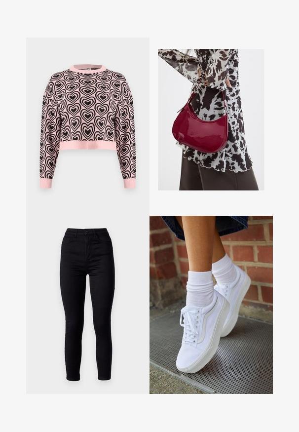 Lyserød cropped sweater med sort hjerteprint, ribbet rund halsudskæring og manchetter. Materialet ser blødt ud med en tekstureret overflade.; Sorte skinny jeans med høj talje, lavet af stræk denim. Har en lukning med knap foran og to baglommer. Glat tekstur.; Hvide lærreds sneakers med gummisåler, der har seks snørehuller, rund tå og let sømdetaljer, krydret med hvide ankelstrømper.; Kvinde iført en sort- og hvidmønstret bluse, der holder en blank rød skuldertaske mod en ensfarvet baggrund.