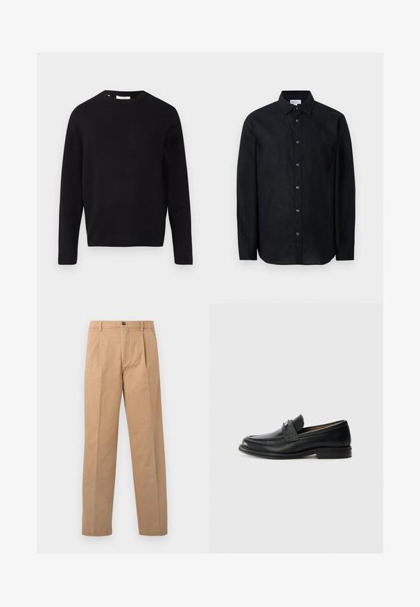 Zwarte gebreide trui met een ronde halslijn, lange mouwen en een relaxed fit. Glad textuur, minimalistisch ontwerp, geen patronen of versieringen.; Zwarte blouse met lange mouwen en knopen, met kraag, plat liggend op een witte achtergrond weergegeven.; Khaki broek met een rechte pijpdesign, gemaakt van katoen; heeft een enkele knoopsluiting en twee voorplooien.; Zwarte lederen instappers met een gladde afwerking, voorzien van een gestructureerde bovenband, lage hak en minimale stiksel-details.