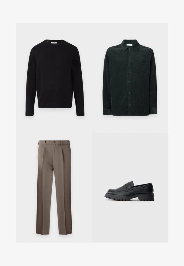 Sort striktrøje med rund halsudskæring, lange ærmer og en afslappet pasform. Glat tekstur, minimalistisk design, ingen mønstre eller pynt.; Mørkegrøn kordfløjlskjorte med krave, lange ærmer, frontknapper og brystlomme. Har en ribbet tekstur og kontrasterende knapper.; Brune skræddersyede bukser med indlæg, der har knaplukning, bæltestropper og en glat, vævet tekstur. Klassisk design med lige ben.; Sorte læder loafers med en rund tå, prydet med en dekorativ rem og en kraftig gummisål med dybe riller for grip.
