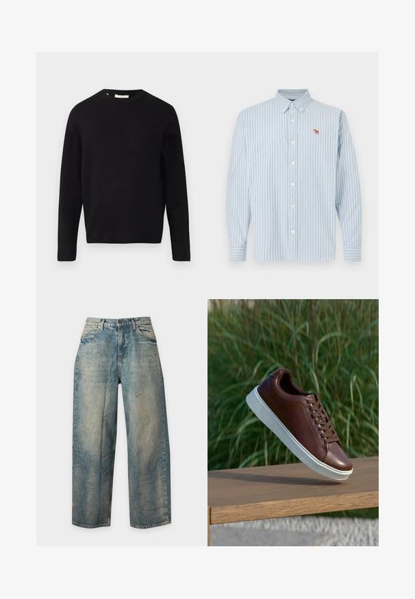 Pull en tricot noir avec un col rond, des manches longues et une coupe décontractée. Texture lisse, design minimal, sans motifs ni embellissements.; Chemise à manches longues rayée bleu clair et blanc avec col boutonné, présentant une petite broderie d'animal marron sur la poitrine.; Jeans en denim bleu délavé avec une coupe droite et de légers détails usés sur les poches avant et les jambes.; Baskets en cuir marron avec semelle en caoutchouc blanche, design à lacets, texture lisse, bout arrondi et détails de couture subtils.