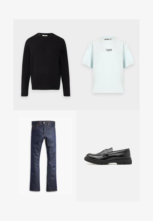 Pull en tricot noir avec un col rond, des manches longues et une coupe décontractée. Texture lisse, design minimal, sans motifs ni embellissements.; T-shirt blanc à manches courtes avec le texte "Castrol GTX Racing Motor Oil" et un graphique de drapeau à damier centré sur la poitrine.; Jean denim bleu foncé à jambes droites avec coutures orange, bouton frontal et design à cinq poches sur fond blanc.; Mocassin en cuir noir avec une large sangle sur le devant, semelle en caoutchouc à épaisse rainure, et texture lisse. Design classique et élégant.