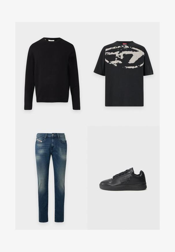 Sort striktrøje med rund halsudskæring, lange ærmer og en afslappet pasform. Glat tekstur, minimalistisk design, ingen mønstre eller pynt.; Sort t-shirt med et stort, abstrakt lys grå grafik foran. Korte ærmer og en klassisk rund halsudskæring. Materialet er bomuld.; Mørkeblå denimjeans med en falmet vask, lige ben og et let slid på knæet. Har forlommer og lukning med metalknap.; Sort lædersneaker med en glat overflade, rund tå, strukturerede snørebånd og et logo præget på siden. Flad gummisål.
