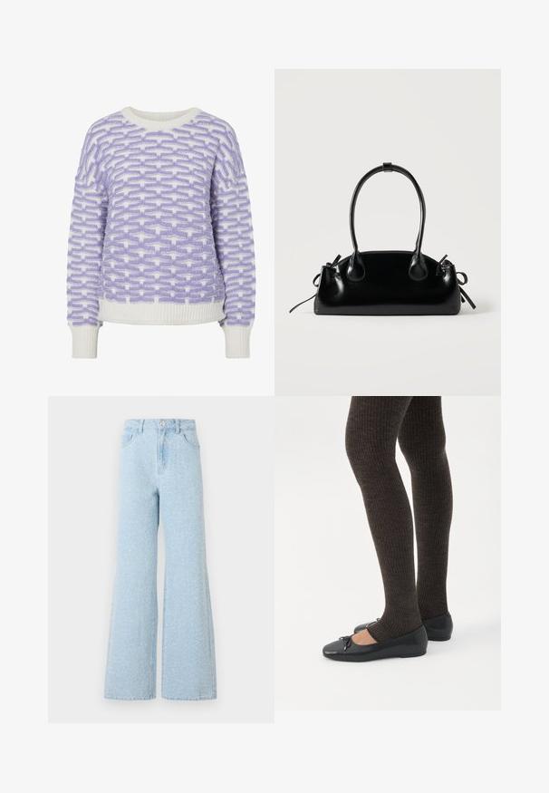 Pull en tricot blanc avec un motif tissé violet. Encolure et poignets côtelés. Forme boxy avec une finition texturée.; Jean en denim bleu clair à jambes larges avec une taille haute, dotés d'une fermeture à bouton, de cinq poches et d'une texture légèrement délavée.; Jambes portant des leggings côtelés foncés associés à des ballerines noires avec de petits détails en nœud sur fond blanc.; Petit sac à main noir brillant avec deux longues anses et des détails à cordon sur les côtés sur un fond clair uni.
