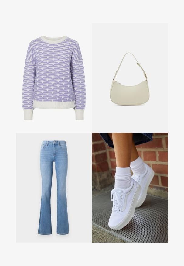 Pull en tricot blanc avec un motif tissé violet. Encolure et poignets côtelés. Forme boxy avec une finition texturée.; Jeans évasés bleu clair avec une taille mi-haute, un design classique à cinq poches et une légère décoloration le long des jambes. Texture en denim.; Baskets en toile blanches avec semelles en caoutchouc, dotées de six œillets, d'un bout rond et de détails de couture légers, portées avec des chaussettes blanches mi-mollet.; Pieces PCALUANA SHOULDER BAG - Sac à main - birch