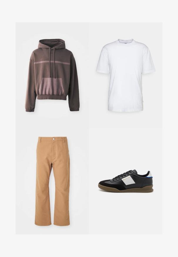 Haut à manches courtes, surdimensionné, de couleur marron foncé avec une bande dégradée de marron clair, poche à l'avant et capuche avec cordon de serrage. Tissu en mélange de coton doux.; T-shirt en coton blanc avec un col rond, des manches courtes et un ourlet droit. Présente une petite étiquette de marque sur la couture latérale gauche.; Pantalons en coton marron avec un design à jambe droite, dotés d'une fermeture à un bouton et de coutures subtiles pour un détail supplémentaire.; Baskets en cuir noir et en nubuck avec un panneau gris, semelle en caoutchouc marron et accent bleu sur le talon. Elles disposent de lacets et d'un logo embossé.