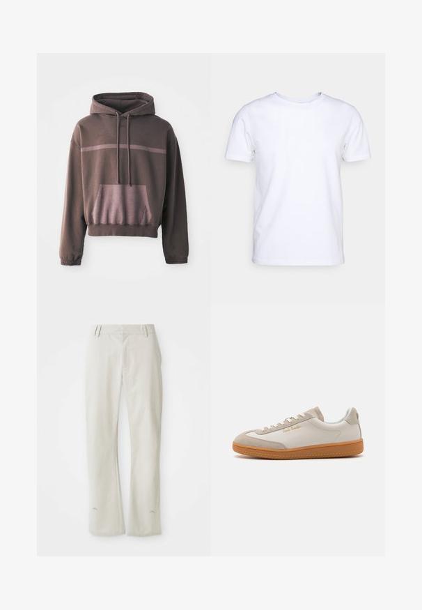 Haut à manches courtes, surdimensionné, de couleur marron foncé avec une bande dégradée de marron clair, poche à l'avant et capuche avec cordon de serrage. Tissu en mélange de coton doux.; T-shirt blanc à manches courtes en tissu de coton avec un col rond. Design simple sans motifs ni accents. Texture lisse.; Pantalons gris clair à jambe droite en tissu lisse. Dispose de poches à l'avant, de passants de ceinture et d'un logo subtil près de l'ourlet.; Baskets basses blanches et beiges avec semelle en caoutchouc, lacets blancs, détails en daim et logo doré "Paul Smith" sur le côté.