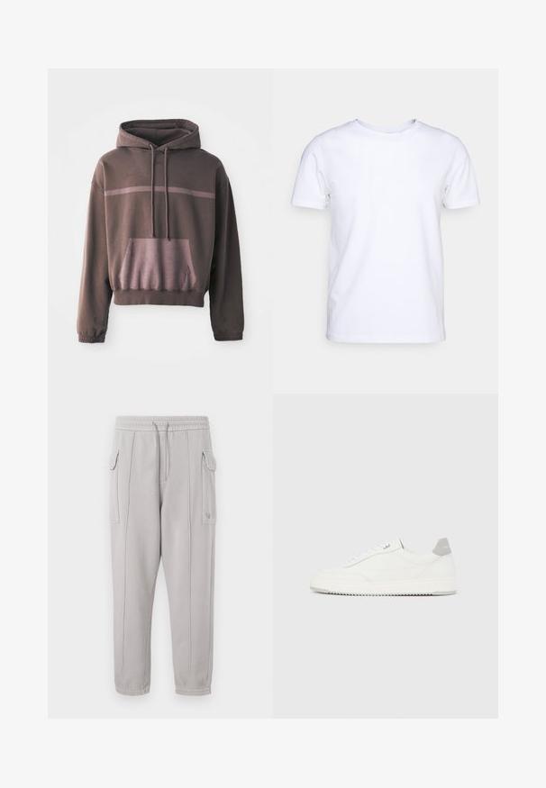Haut à manches courtes, surdimensionné, de couleur marron foncé avec une bande dégradée de marron clair, poche à l'avant et capuche avec cordon de serrage. Tissu en mélange de coton doux.; T-shirt blanc à manches courtes en tissu de coton avec un col rond. Design simple sans motifs ni accents. Texture lisse.; Pantalon de survêtement gris avec taille élastique, poches latérales et détail cousu courant verticalement le long des jambes. Texture en mélange de coton.; Baskets basses blanches avec un onglet de talon gris, des lacets blancs et une semelle texturée, présentées sur un fond uni clair.