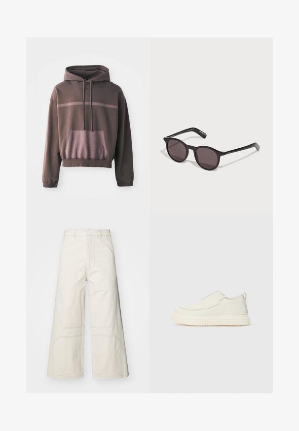 Haut à manches courtes, surdimensionné, de couleur marron foncé avec une bande dégradée de marron clair, poche à l'avant et capuche avec cordon de serrage. Tissu en mélange de coton doux.; A-COLD-WALL* FORMAT PANT - Pantalon classique - beige bone; Sneaker sans lacets en matériau texturé blanc cassé avec une semelle épaisse et rainurée. Présente des coutures minimales et un accent bleu clair subtil.; Lunettes de soleil noires et rondes avec des verres sombres, une monture en plastique lisse, et des branches élancées avec un détail de grip texturé.