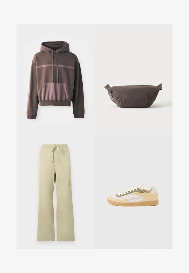 Haut à manches courtes, surdimensionné, de couleur marron foncé avec une bande dégradée de marron clair, poche à l'avant et capuche avec cordon de serrage. Tissu en mélange de coton doux.; Pantalons cargo larges beige clair avec une taille élastique et un cordon de serrage, comportant des poches latérales et une poche cargo unique.; Baskets basses en daim beige, panneaux en maille blanche, accents olive, lacets blancs et semelle en caoutchouc naturel sur fond gris clair.; Sac banane en tissu marron foncé avec poche zippée en diagonale et petit logo blanc sur le devant, sur un fond clair uni.