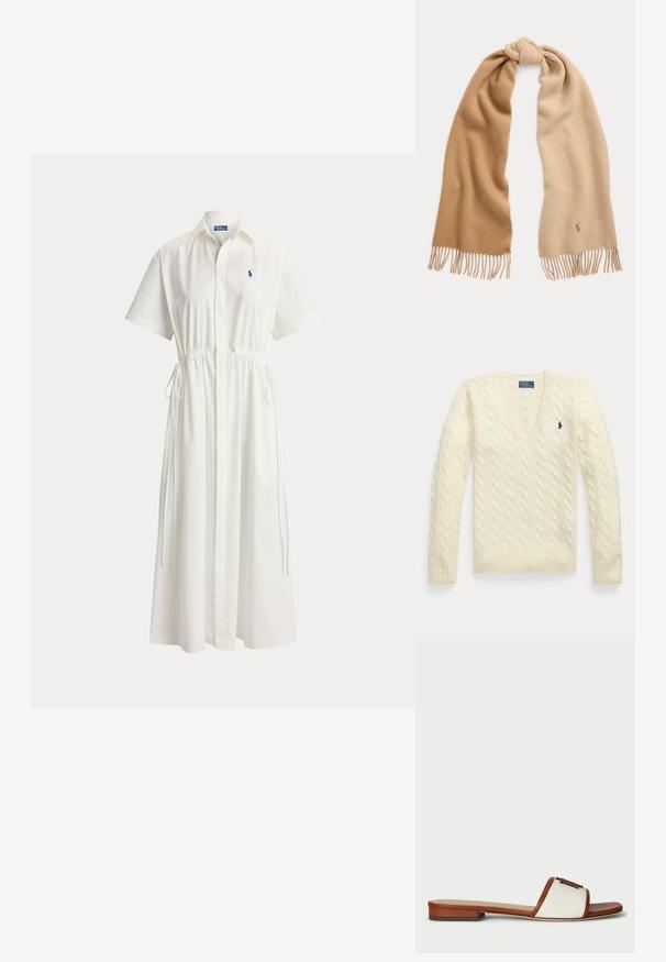 Flødefarvet kabelstrikket sweater med lange ærmer, V-hals og lille mørkeblå broderet logo på venstre bryst.; Hvid midi-kjole med korte ærmer, krave, knaplukning foran, justerbare bindebånd i taljen og lille broderet logo på brystet.; Sandal med slidser, der har en hvid canvas øvre og en brun læderrem. Har en rektangulær detalje på remmen og en flad sål.; Strikket uldhalstørklæde i to beige nuancer bundet i en løs knude, med frynser i enderne og et lille broderet logo på den ene side.