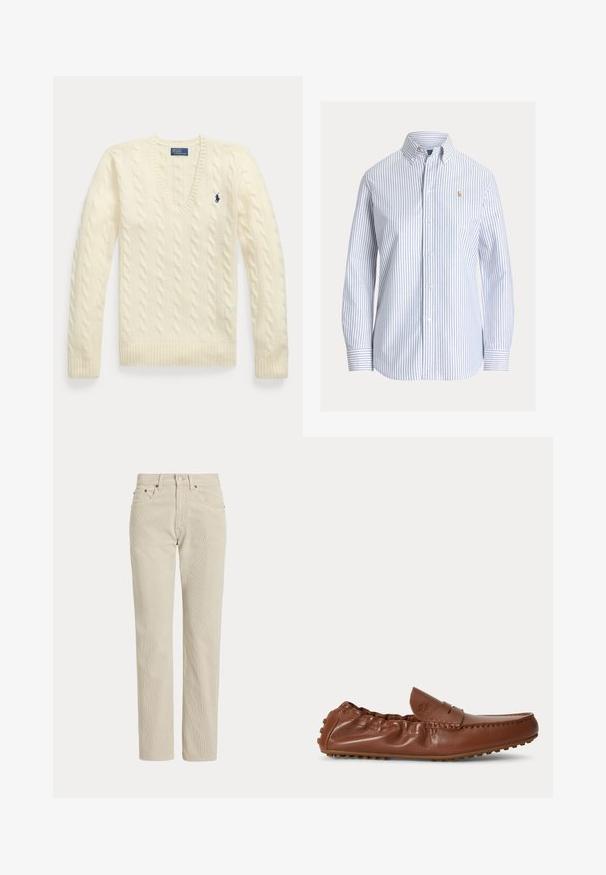 Pull torsadé couleur crème avec manches longues, col en V et petit logo brodé bleu foncé sur le côté gauche de la poitrine.; Chemise blanche boutonnée avec des rayures verticales bleu clair, col boutonné et petit logo brodé sur la poitrine gauche.; Pantalon en velours côtelé beige droit avec passants de ceinture, bouton à l'avant, fermeture éclair et poches avant.; Mocassin en cuir marron avec détails cousus et arrière élastiqué, doté d’une semelle texturée pour une meilleure adhérence.