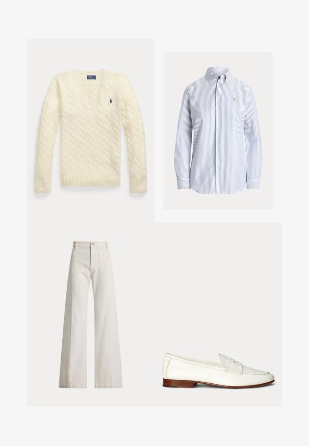 Pull torsadé couleur crème avec manches longues, col en V et petit logo brodé bleu foncé sur le côté gauche de la poitrine.; Chemise blanche boutonnée avec des rayures verticales bleu clair, col boutonné et petit logo brodé sur la poitrine gauche.; Pantalon blanc taille haute à jambes larges avec poches plaquées devant, passants pour ceinture et fermeture par boutons devant.; Mocassin en cuir blanc à enfiler avec un petit talon marron et des détails cousus sur le dessus et les côtés.