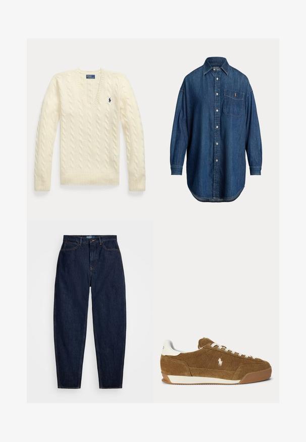 Crème kabelgebreide trui met lange mouwen, V-hals en klein donkerblauw geborduurd logo op de linkerborst.; Blauw denim overhemd met lange mouwen, knopenrij, borstzak met klein geborduurd logo en klassieke kraag.; Donkerblauwe denim jeans met een rechte pasvorm, voorzien van oranje stiksels, een sluiting met knoop aan de voorkant en vijf zakken.; Bruine suède lage sneaker met witte veters, wit hielaccent, rubberen zool en geborduurd Polo-logo aan de zijkant.