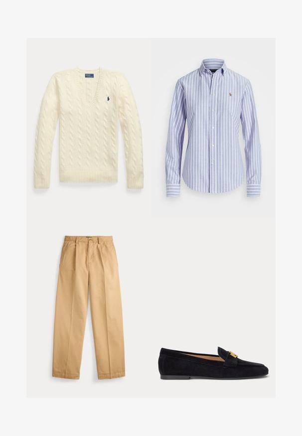 Pull torsadé couleur crème avec manches longues, col en V et petit logo brodé bleu foncé sur le côté gauche de la poitrine.; Chemise à manches longues à rayures verticales bleu clair et blanc, avec col et petit logo brodé sur la poitrine.; Pantalon beige à jambes droites avec fermeture par bouton et zip, poches avant, passants pour ceinture et plis marqués le long des jambes.; Mocassin plat en daim noir avec petit talon et boucle décorative dorée sur le dessus, vue latérale sur fond uni clair.