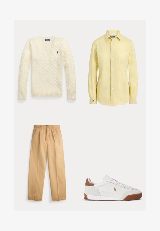 Pull torsadé couleur crème avec manches longues, col en V et petit logo brodé bleu foncé sur le côté gauche de la poitrine.; Chemise jaune à boutons avec fines rayures verticales bleues, manches longues, col pointu et petit logo brodé bleu foncé sur le poignet.; Pantalon beige à jambes droites avec fermeture par bouton et zip, poches avant, passants pour ceinture et plis marqués le long des jambes.; Baskets basses blanches avec des accents en daim marron au talon et à l’orteil, des lacets blancs et un petit logo brodé marron sur le côté.