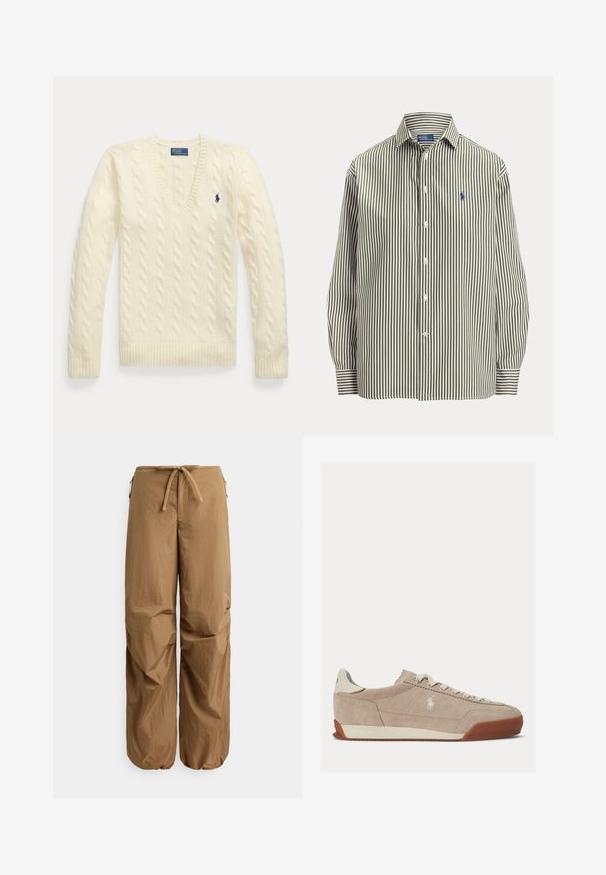 Jersey de punto grueso color crema con mangas largas, cuello en V y pequeño logo bordado en azul oscuro en el lado izquierdo del pecho.; Camisa de manga larga con botones, con rayas verticales blancas y verde oscuro y un pequeño logo bordado en el pecho izquierdo.; Pantalones marrones de corte holgado con cintura elástica ajustable con cordón, bolsillos laterales con cremallera y puños elásticos recogidos en los tobillos.; Zapatilla baja de ante beige con cordones blancos, logo blanco en el lateral y suela de goma marrón.