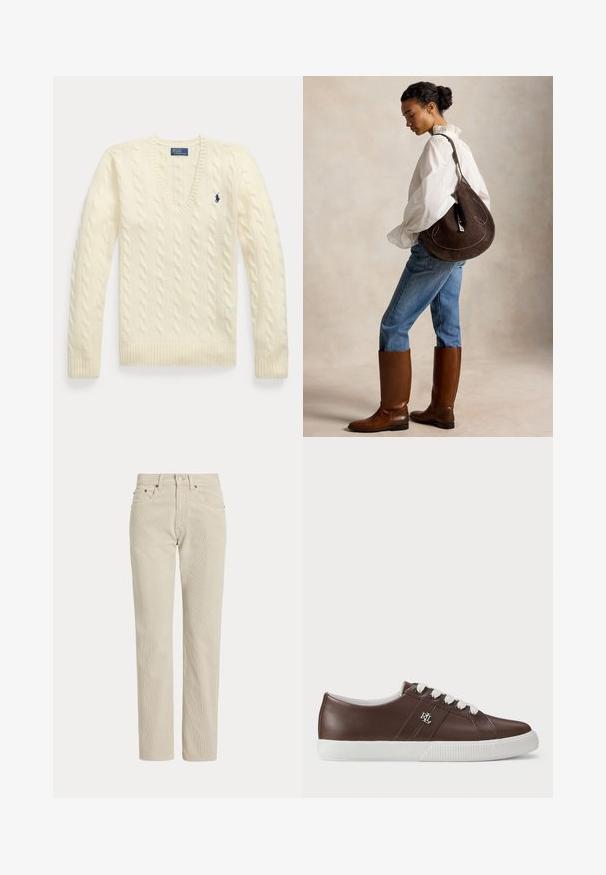 Flødefarvet kabelstrikket sweater med lange ærmer, V-hals og lille mørkeblå broderet logo på venstre bryst.; Beige, lige-benede fløjlsbukser med bæltestropper, frontknap, lynlås og frontlommer.; Brune lædersneaker med hvid gummisål, rund tå og seks hvide snøreøjer. Inkluderer et lille sølvlogo på siden og glat overflade.; Kvinde iført hvid bluse og blå jeans har på høje brune støvler og bærer en stor mørkebrun skuldertaske, stående sideværts mod en ensfarvet baggrund.