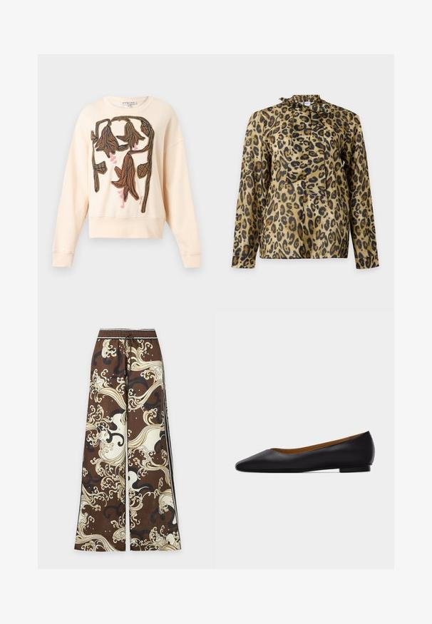 Sweat crème avec motif floral abstrait brodé marron et rose texturé sur le devant, manches longues et col rond.; Blouse à manches longues avec imprimé léopard beige et noir, avec un nœud noué au col et des poignets boutonnés.; Pantalon marron à jambes larges avec motifs abstraits tourbillonnants et ondulés crème et noirs, taille élastique et fermeture à cordon.; Chaussure plate en cuir noir à bout pointu avec talon bas et finition lisse, vue de côté sur un fond gris clair.