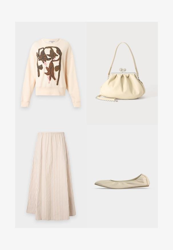 Sweat crème avec motif floral abstrait brodé marron et rose texturé sur le devant, manches longues et col rond.; Jupe beige en ligne A avec des rayures verticales blanches, taille élastique et longueur genou à mi-mollet.; Ballerine beige en cuir souple avec bout arrondi, profil latéral bas et semelle fine en caoutchouc sur fond blanc uni.; Sac à main en cuir souple couleur crème avec un design froncé, fermoir cadre argenté, poignée courte et bandoulière chaîne amovible.