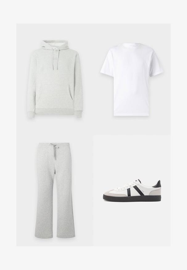 Sudadera gris claro con capucha ajustable, bolsillo delantero, puños y dobladillo acanalados, y un sutil logo grabado en el pecho.; Camiseta blanca de manga corta hecha de algodón con cuello redondo, que presenta una textura suave y un diseño simple sin patrones ni acentos.; Pantalones de chándal de mezcla de algodón gris claro con piernas rectas, cintura elástica, cordón de ajuste y bolsillos laterales, mostrados en posición plana sobre un fondo blanco.; Zapatilla blanca con acentos en negro y gris, que presenta una puntera texturizada en gris, suela de goma negra y cordones planos blancos. Diseño limpio, estilo minimalista.