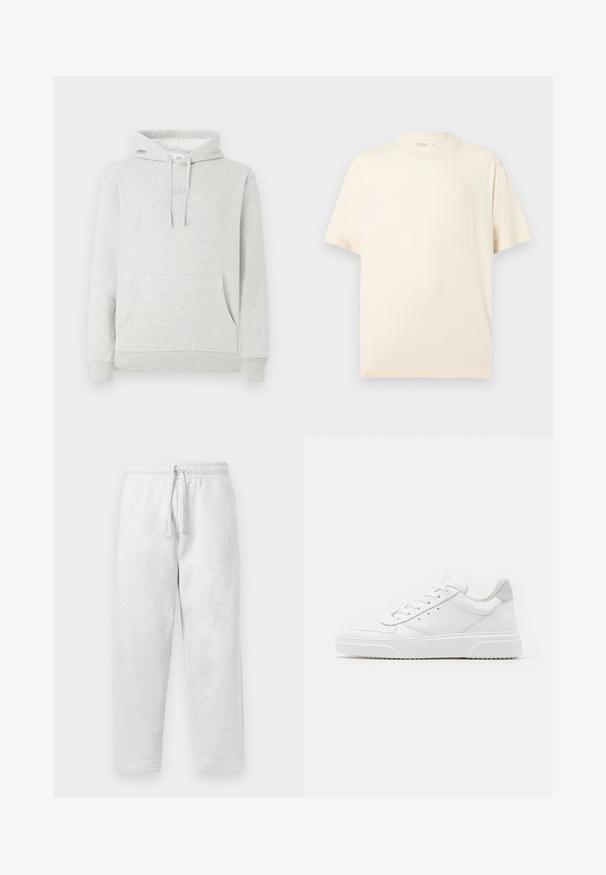 Lys grå hættetrøje med snøre i hætten, forlommer, ribbede manchetter og kant, samt et diskret logo præget på brystet.; Enkelt beige t-shirt med korte ærmer og rund hals, vist fladt på en lys grå baggrund.; Lys grå sweatpants lavet af blødt materiale, med en elastisk talje med snøre og en afslappet pasform.; Hvide lædersneakers med en glat finish, rund tå, flade snørebånd og en struktureret sål. Grå ruskindsdetalje ved hælen.