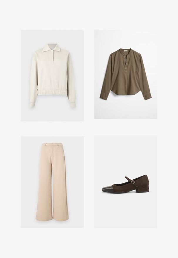 Pull beige à manches longues avec col, patte de boutonnage à l'avant, poignets côtelés et ceinture élastique sur un fond uni.; Blouse décontractée marron à manches longues avec col mandarin, pli à l'avant et ourlet légèrement arrondi, étalée à plat sur un fond blanc.; Pantalon large beige taille haute avec passants pour ceinture et fermeture avant dissimulée sur fond blanc.; Chaussure Mary Jane en daim marron avec un embout en cuir verni noir, bride ajustable et un petit talon carré. Texture lisse avec de minimalistes accents.
