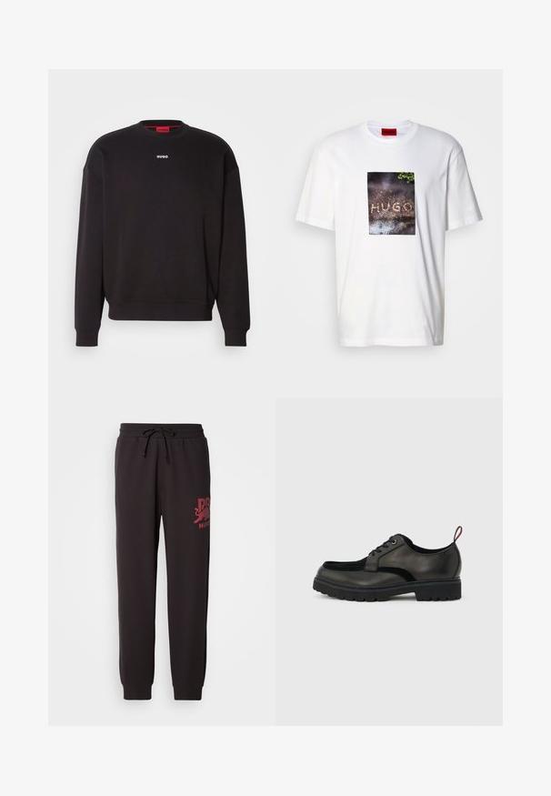 Sweatshirt noir en mélange de coton, avec un col rond, des épaules tombantes et un petit logo blanc "HUGO" sur la poitrine.; T-shirt blanc en coton avec une impression graphique rectangulaire portant le texte « HUGO » sur une surface texturée et sombre, entourée de verdure.; Pantalons de survêtement noirs avec une taille à cordon de serrage, ornés d'un logo imprimé bordeaux sur la jambe gauche. Fabriqués en tissu doux et texturé.; Chaussure noire en cuir à lacets avec semelle épaisse crantée et languette rouge à l'arrière, vue de profil sur un fond gris clair.