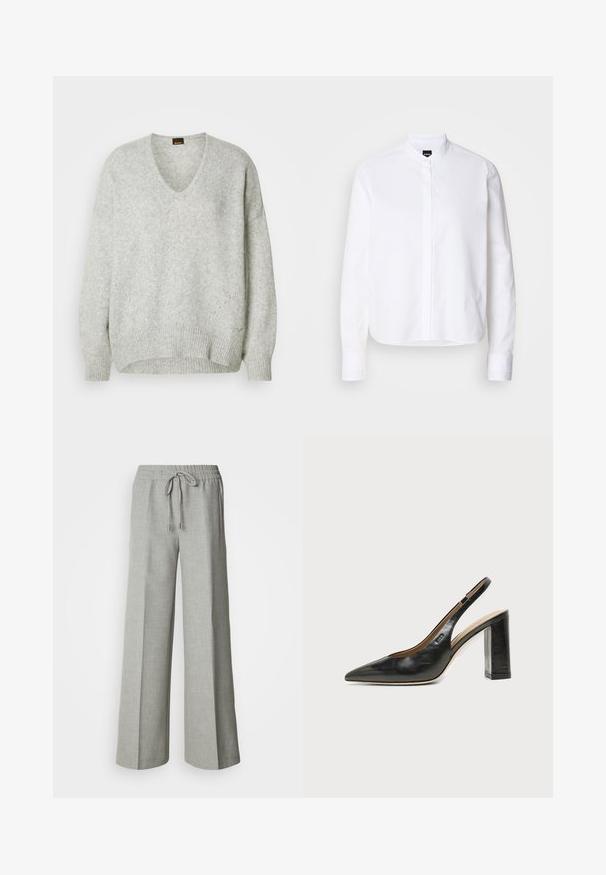 Pull en maille grise avec un décolleté en V, ourlet côtelé et coupe loose. Présente des motifs subtils et une texture douce. Étiquette de marque visible.; Chemise blanche à col avec patte de boutonnage à l'avant, manches longues et poignets à boutons. Fabriquée en coton lisse avec une coupe structurée.; Pantalon ample gris clair avec taille élastique et cordon de serrage, poches avant, et tissu texturé subtil.; Chaussure slingback en cuir noir à bout pointu avec un talon bloc haut et une doublure intérieure beige sur un fond clair uni.