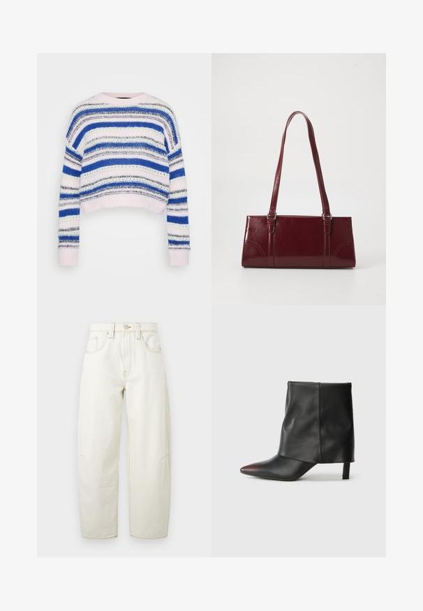 Stribet pullover i blå, hvid og grå med et cropped design; har ribbede manchetter og kant; lavet af blødt strikmateriale.; Højttaljede, vidtbenede jeans i cremefarvet denim med frontlommer og synlige syninger på en ensfarvet baggrund.; Sort ankelstøvle lavet af glat læder med spids tå og tilspidset hæl. Overdelen har et let rynket design.; Bordeaux håndtaske lavet af glansfuldt materiale, rektangulær form, med to skulderremme og subtile buede detaljer på forsiden.