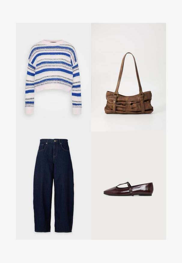 Gestreifter Pullover in Blau, Weiß und Grau mit einem verkürzten Design; verfügt über gerippte Ärmelbündchen und Saum; aus weichem Strickmaterial hergestellt.; Dunkelblaue Jeans mit weitem Bein, mit vorderer Knopf- und Reißverschluss, Gürtelschlaufen und Vordertaschen vor hellem Hintergrund.; Dunkelburgunderfarbener flacher Lederschuh mit spitzer Spitze und einem dünnen T-Riemen mit silberner Schnalle auf weißem Hintergrund.; Even&Odd Handtasche - brown