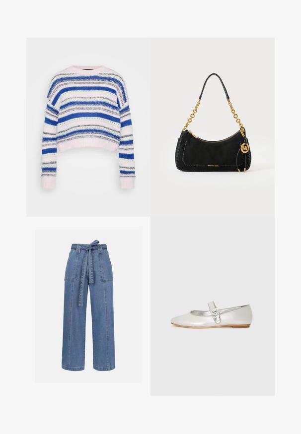 Rinnatud sinine, valge ja halliga pullover, millel on lühike disain; varrukate ja äärte ribatooted; valmistatud pehmest kudumismaterjalist.; Heledad sinine denim materjalist laiad püksid, vööga taljes, kahe esitaskuga ja vabalt istuva lõikega. Omab sileda tekstuuri ja sirget ääred.; Hõbe Mary Jane korter king, mille rihmal on lillekujuline pandla ja heleda pruuni tallaga, näidatud külgprofilis.; Must Michael Korsi käekott kuldse kettaga, tõmbluku sulgur ja ümmargune kuldne MK logo ripats valgel taustal.