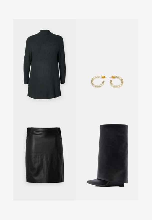 Túnica de punto acanalado de color verde oscuro, de manga larga y con un cuello alto, con un corte relajado. Presenta un dobladillo recto y aberturas laterales en la parte inferior.; Minifalda de cuero negro con una textura suave, presenta un diseño ajustado y una cinturilla elástica, ofreciendo una apariencia elegante y moderna.; Botines de cuero negro con un alto caña cilíndrica, punta puntiaguda y tacón bajo y plano, con una textura suave y diseño minimalista.; Pendientes de aro en tono dorado con una forma suave y redondeada y un acabado pulido. Presentan acentos naranjas en la parte trasera para un ajuste seguro.