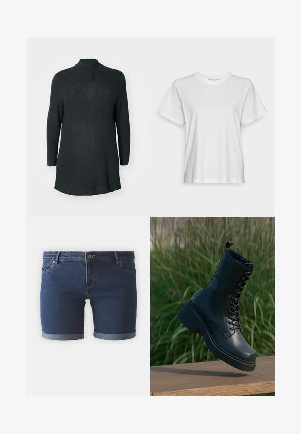 Mørkegrøn, ribbet strik tunika med lange ærmer, høj halsudskæring og relaxed fit. Har en lige kant og sideslidser forneden.; Hvid bomulds T-shirt med korte ærmer, rund hals og en afslappet pasform. Glat tekstur, uden mønstre eller grafik, enkel design.; Denim shorts i mørkeblå, med en klassisk pasform, rullet stejle og forlommer. Afsluttet med en metalknap-lukning.; Sorte læder ankelstøvler med rund tå, snørebånd foran og tyk, chunky hæl. Har detaljeret syninger og en glat overfladetextur.