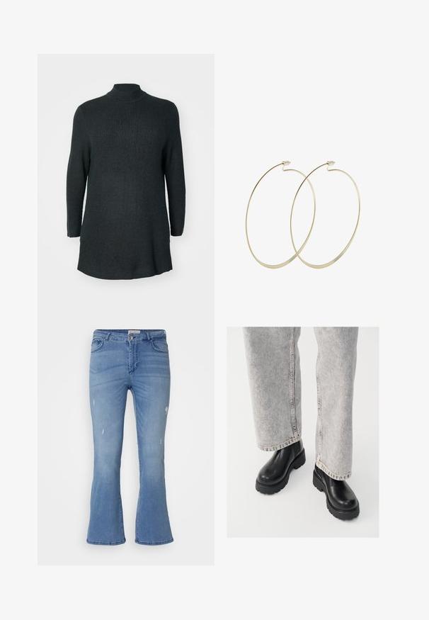 Túnica de punto acanalado de color verde oscuro, de manga larga y con un cuello alto, con un corte relajado. Presenta un dobladillo recto y aberturas laterales en la parte inferior.; Jeans acampanados de color azul claro con un acabado desgastado. Presenta áreas ligeramente desgastadas, diseño de cinco bolsillos y cierre de botón. Material de algodón.; Vagabond COSMO - Botines con plataforma - black; Pilgrim Pendientes - gold-coloured